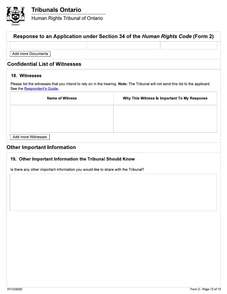 Form 2 Response to an Application Under Section 34 of the Human Rights Code - Ontario, Canada, Page 13