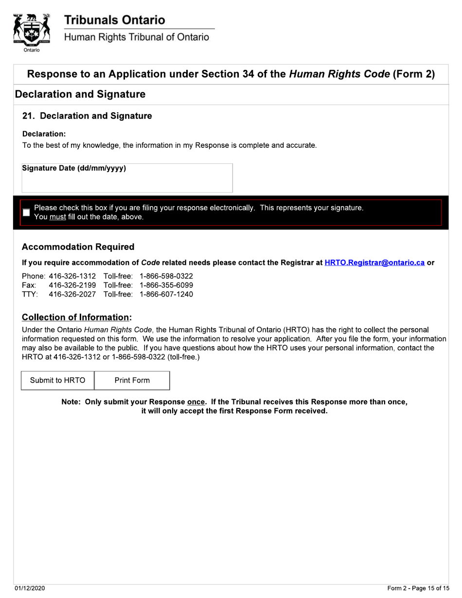 Form 2 Response to an Application Under Section 34 of the Human Rights Code - Ontario, Canada, Page 15