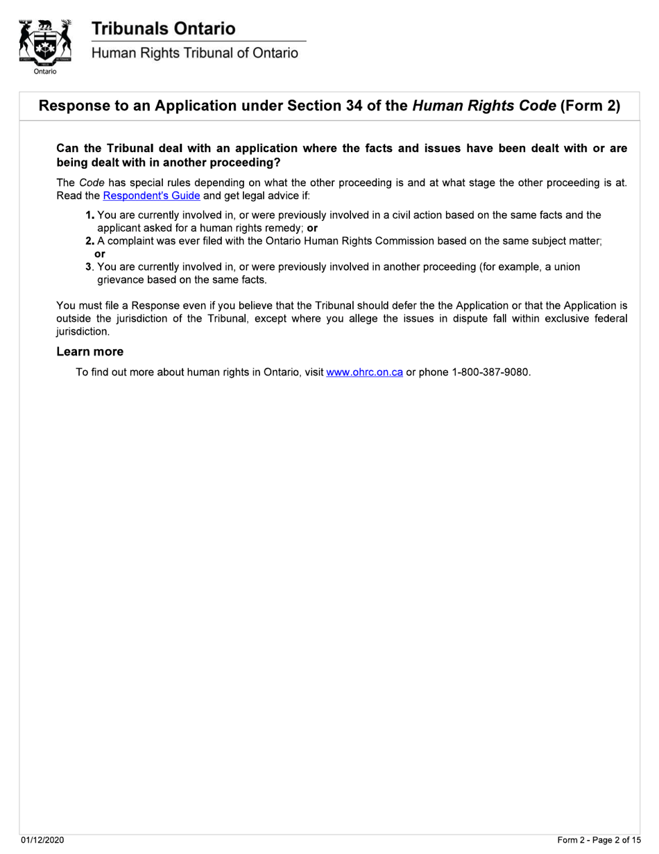 Form 2 Response to an Application Under Section 34 of the Human Rights Code - Ontario, Canada, Page 2