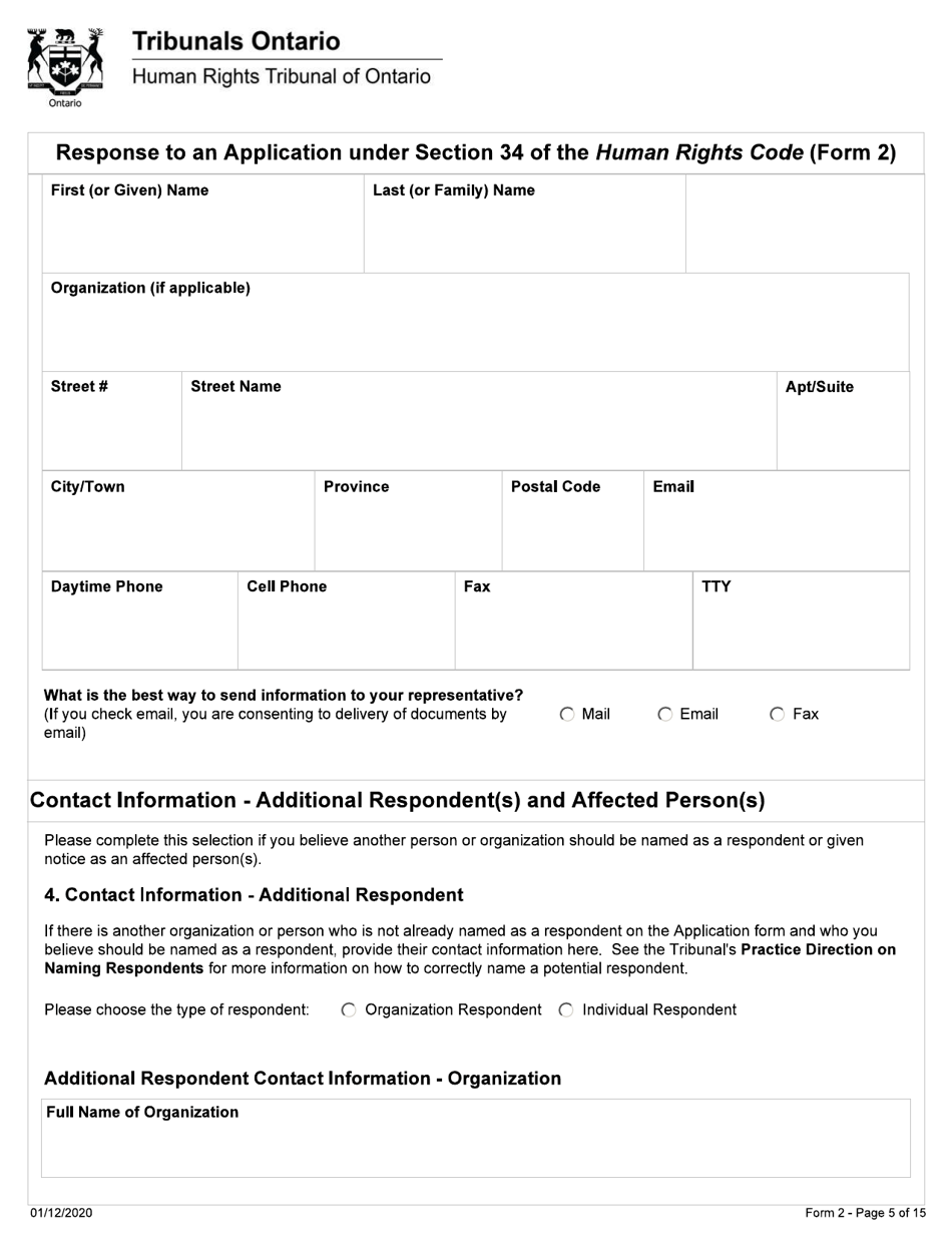 Form 2 Response to an Application Under Section 34 of the Human Rights Code - Ontario, Canada, Page 5
