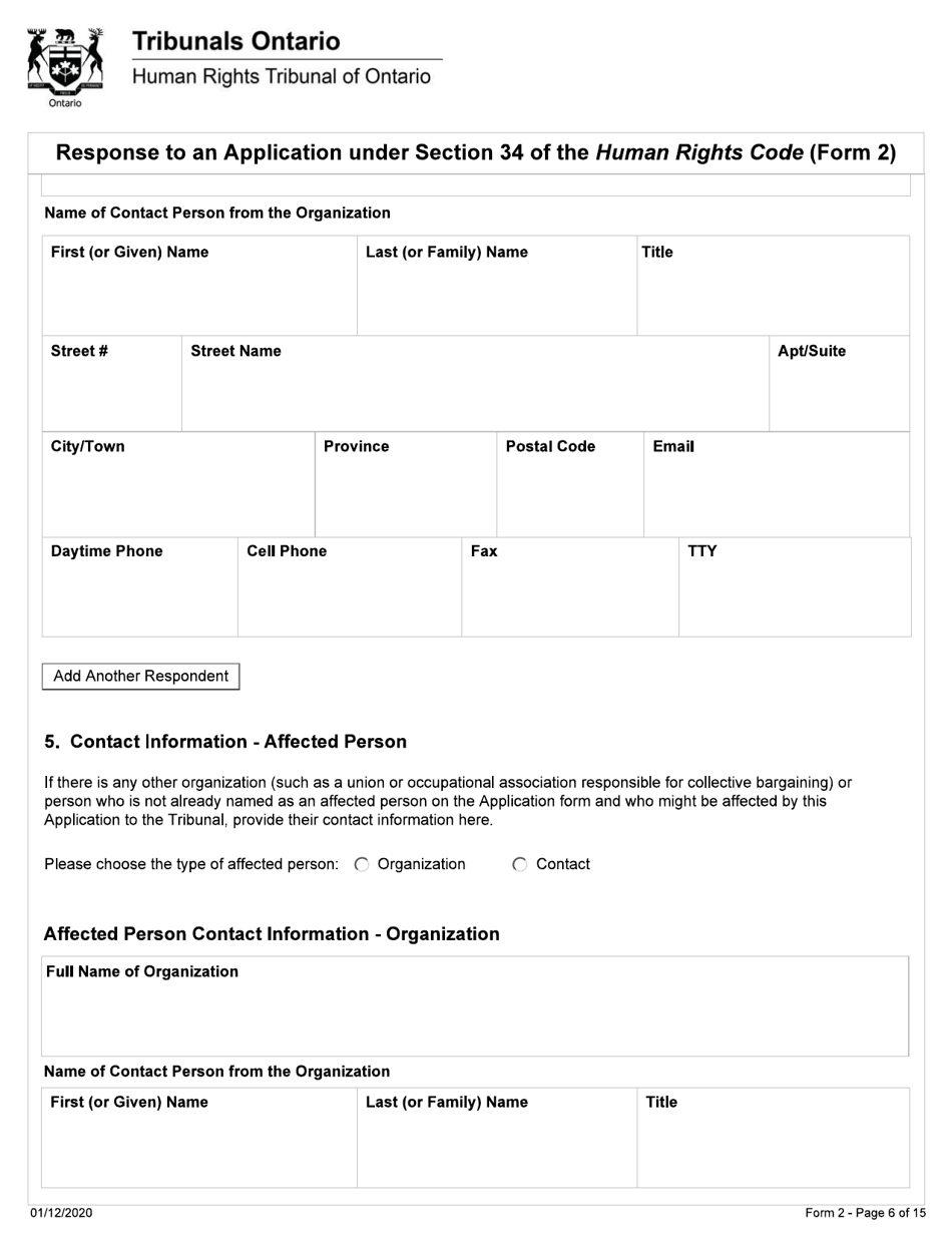 Form 2 Response to an Application Under Section 34 of the Human Rights Code - Ontario, Canada, Page 6