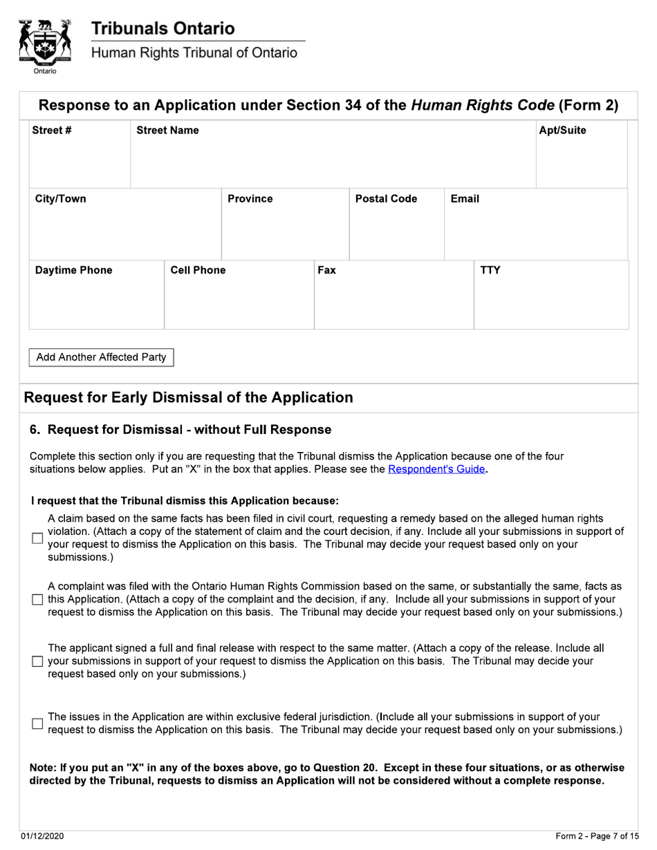 Form 2 Response to an Application Under Section 34 of the Human Rights Code - Ontario, Canada, Page 7