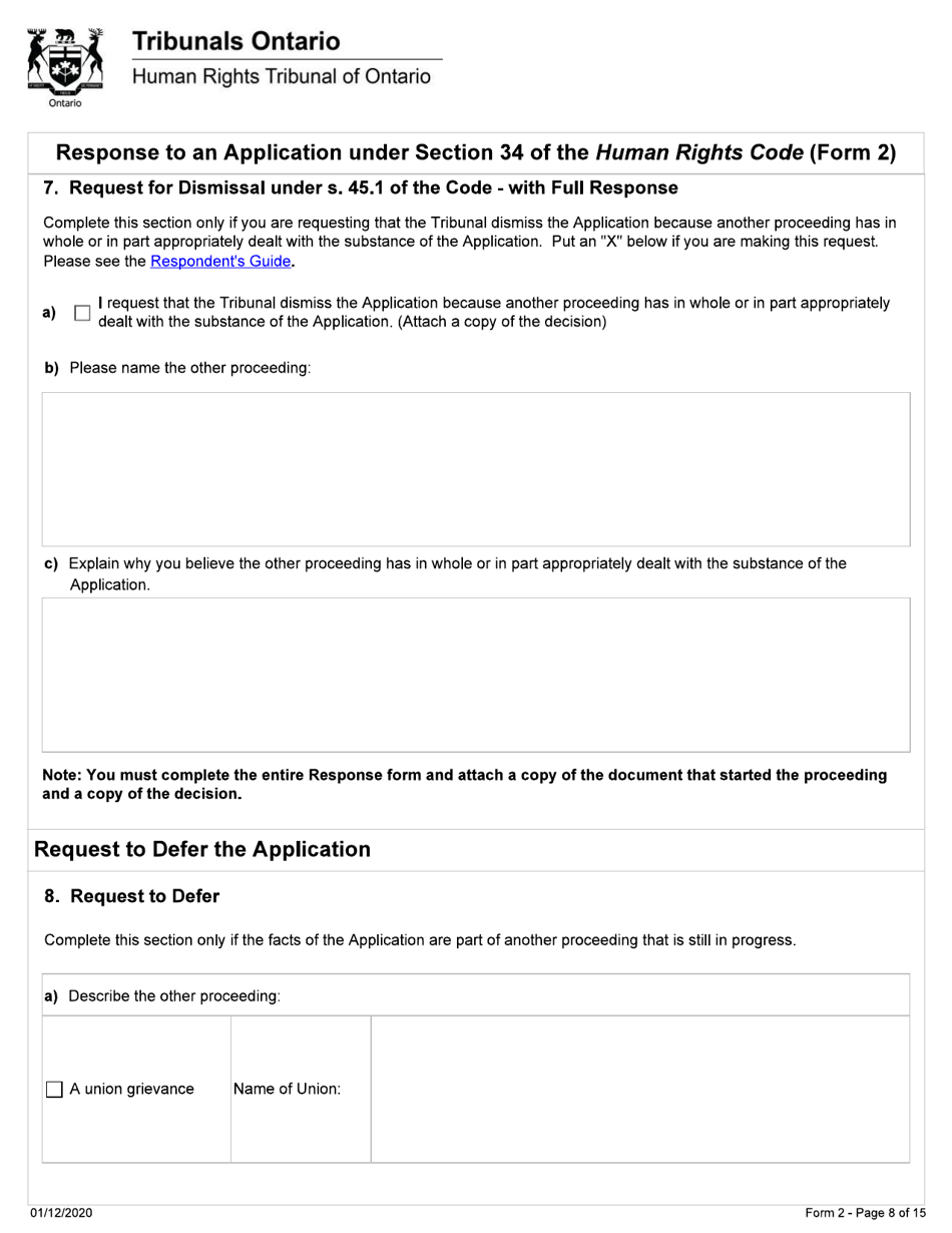 Form 2 Response to an Application Under Section 34 of the Human Rights Code - Ontario, Canada, Page 8