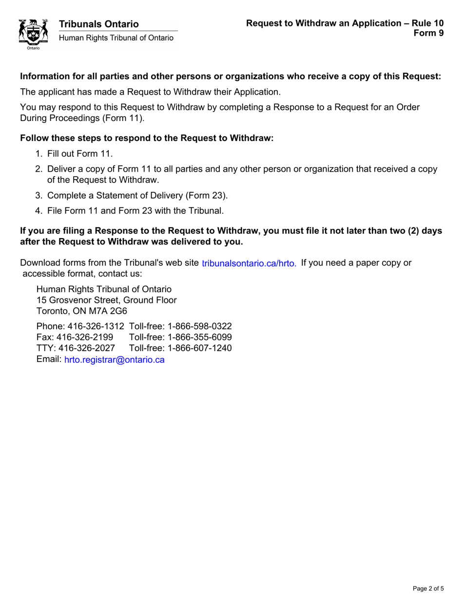 Form 9 Request to Withdraw an Application - Ontario, Canada, Page 2