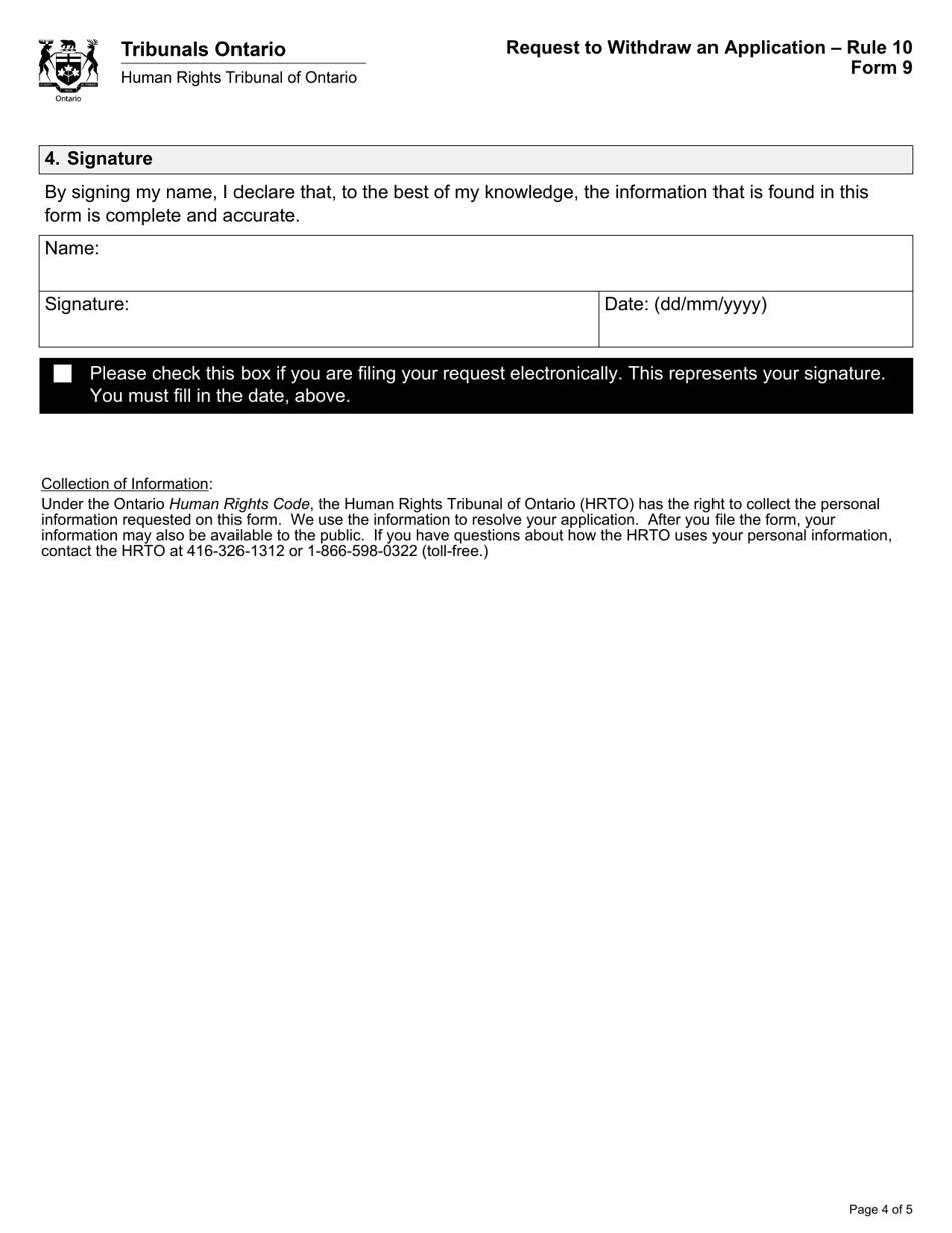 Form 9 Request to Withdraw an Application - Ontario, Canada, Page 4