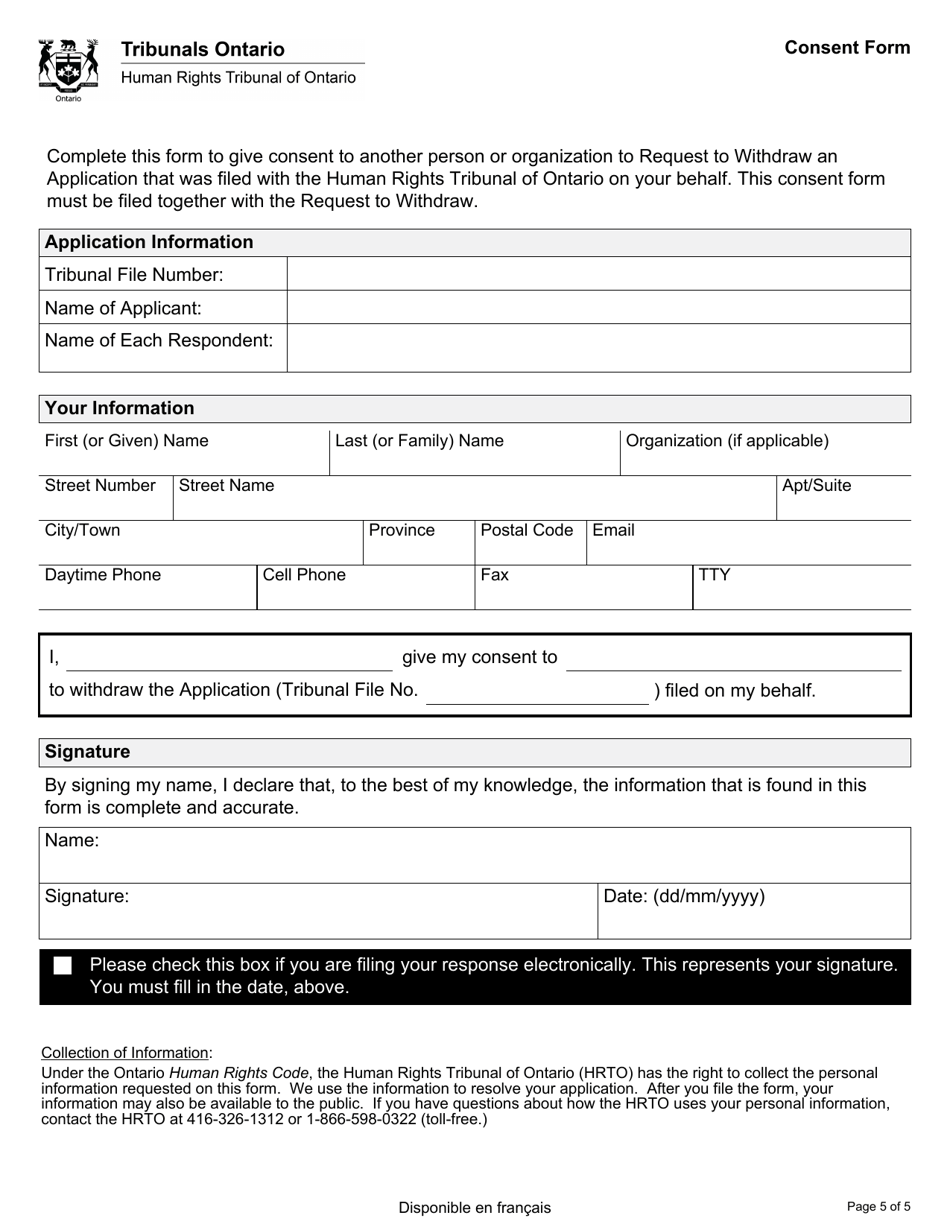 Form 9 Request to Withdraw an Application - Ontario, Canada, Page 5