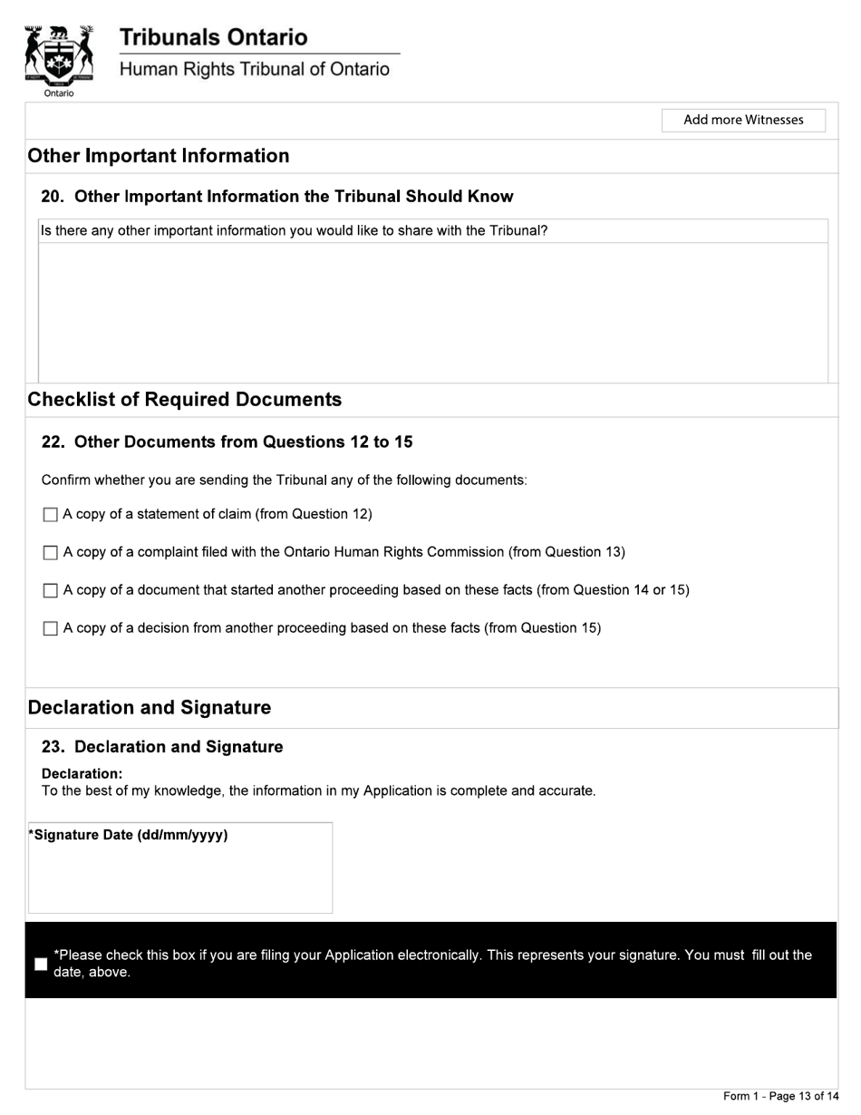 Form 1 Application Under Section 34 of the Human Rights Code - Ontario, Canada, Page 13