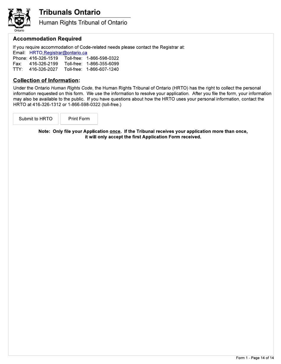 Form 1 Application Under Section 34 of the Human Rights Code - Ontario, Canada, Page 14