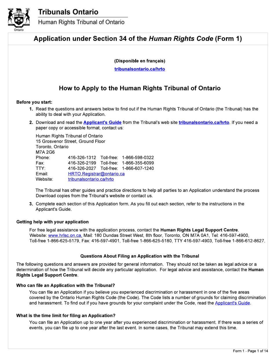 Form 1 Application Under Section 34 of the Human Rights Code - Ontario, Canada, Page 1