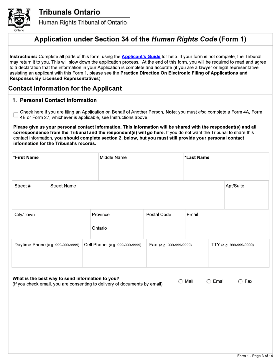 Form 1 Application Under Section 34 of the Human Rights Code - Ontario, Canada, Page 3