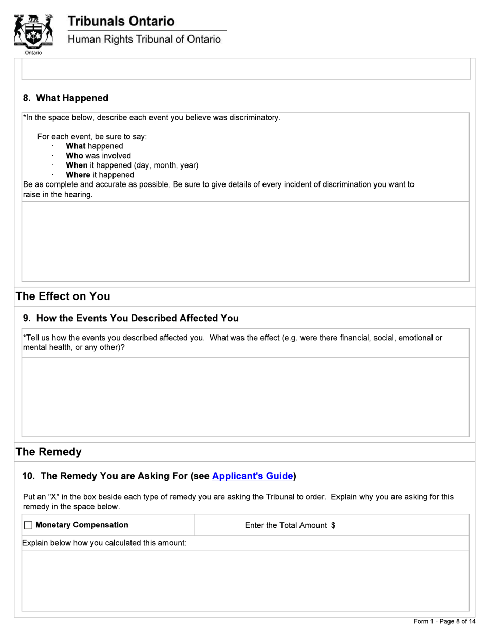 Form 1 Application Under Section 34 of the Human Rights Code - Ontario, Canada, Page 8