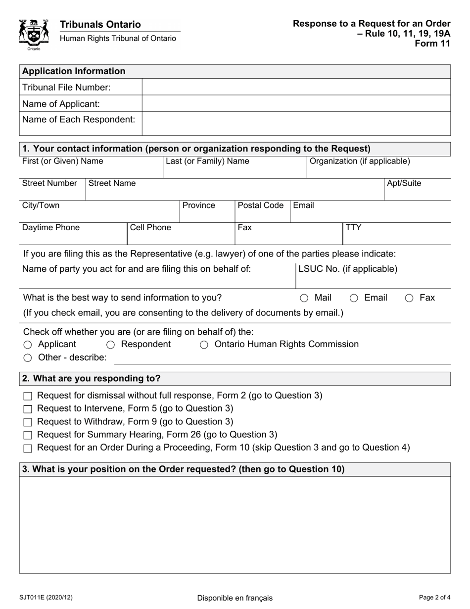 Form 11 Response to a Request for an Order - Ontario, Canada, Page 2