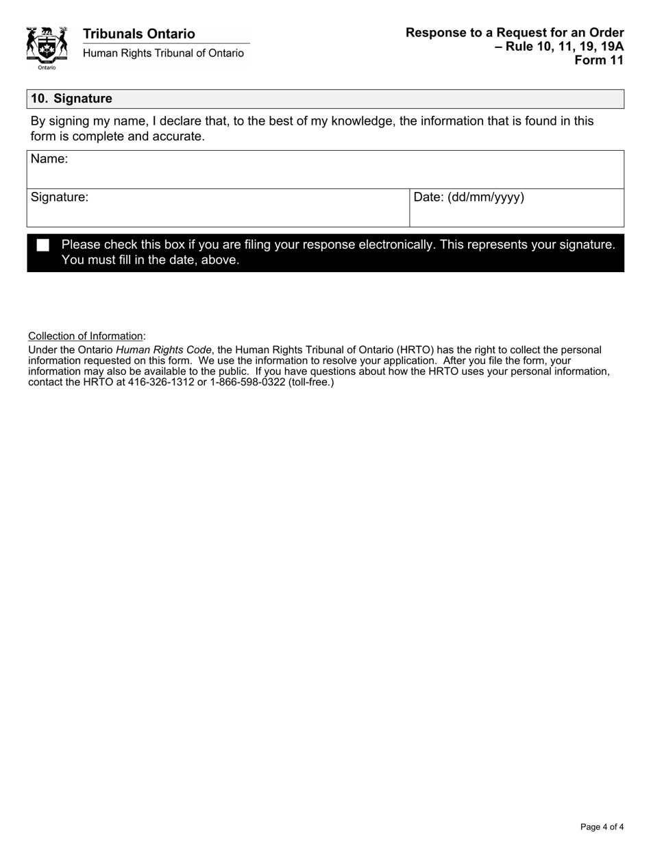Form 11 Response to a Request for an Order - Ontario, Canada, Page 4