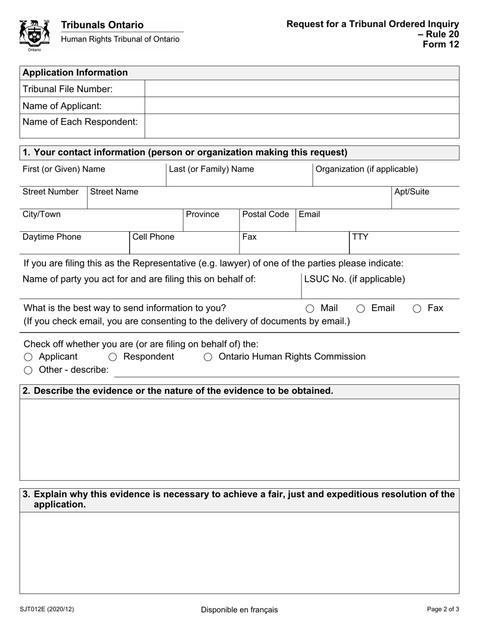 Form 12 Request for a Tribunal Ordered Inquiry - Ontario, Canada, Page 2