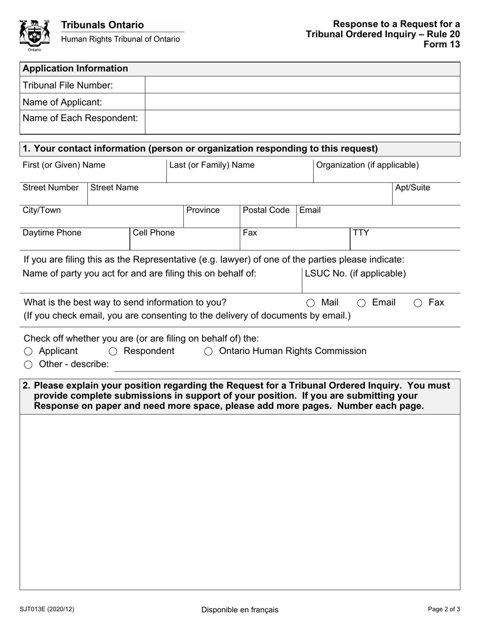 Form 13 Response to a Request for a Tribunal Ordered Inquiry - Ontario, Canada, Page 2