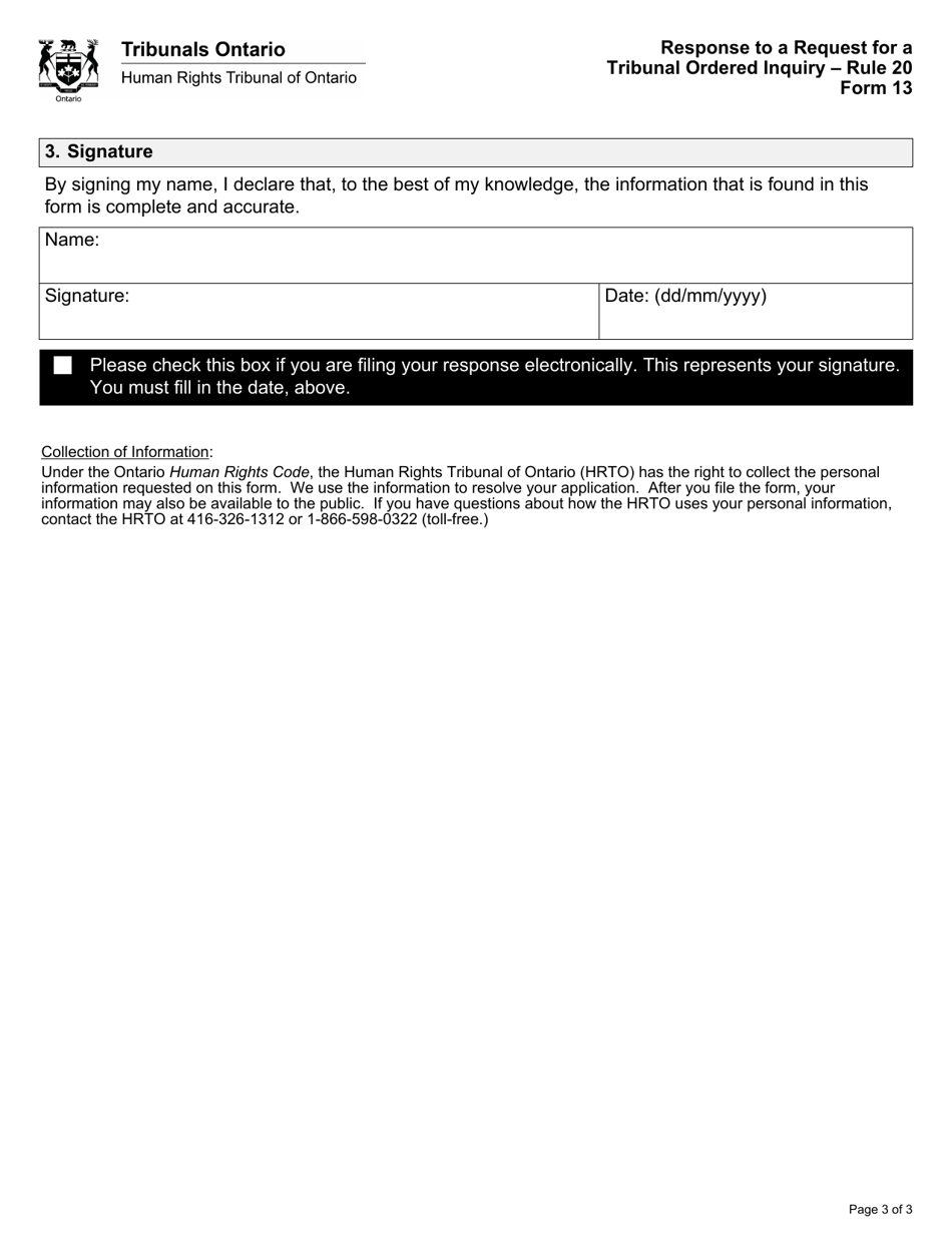 Form 13 Response to a Request for a Tribunal Ordered Inquiry - Ontario, Canada, Page 3