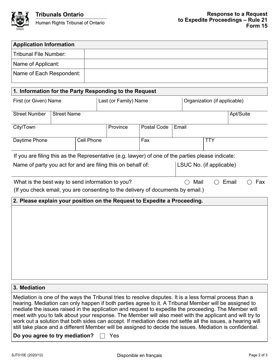 Form 15 Response to a Request to Expedite Proceedings - Ontario, Canada, Page 2