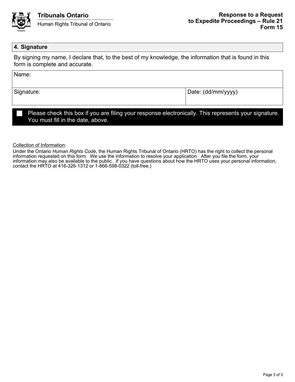 Form 15 Response to a Request to Expedite Proceedings - Ontario, Canada, Page 3