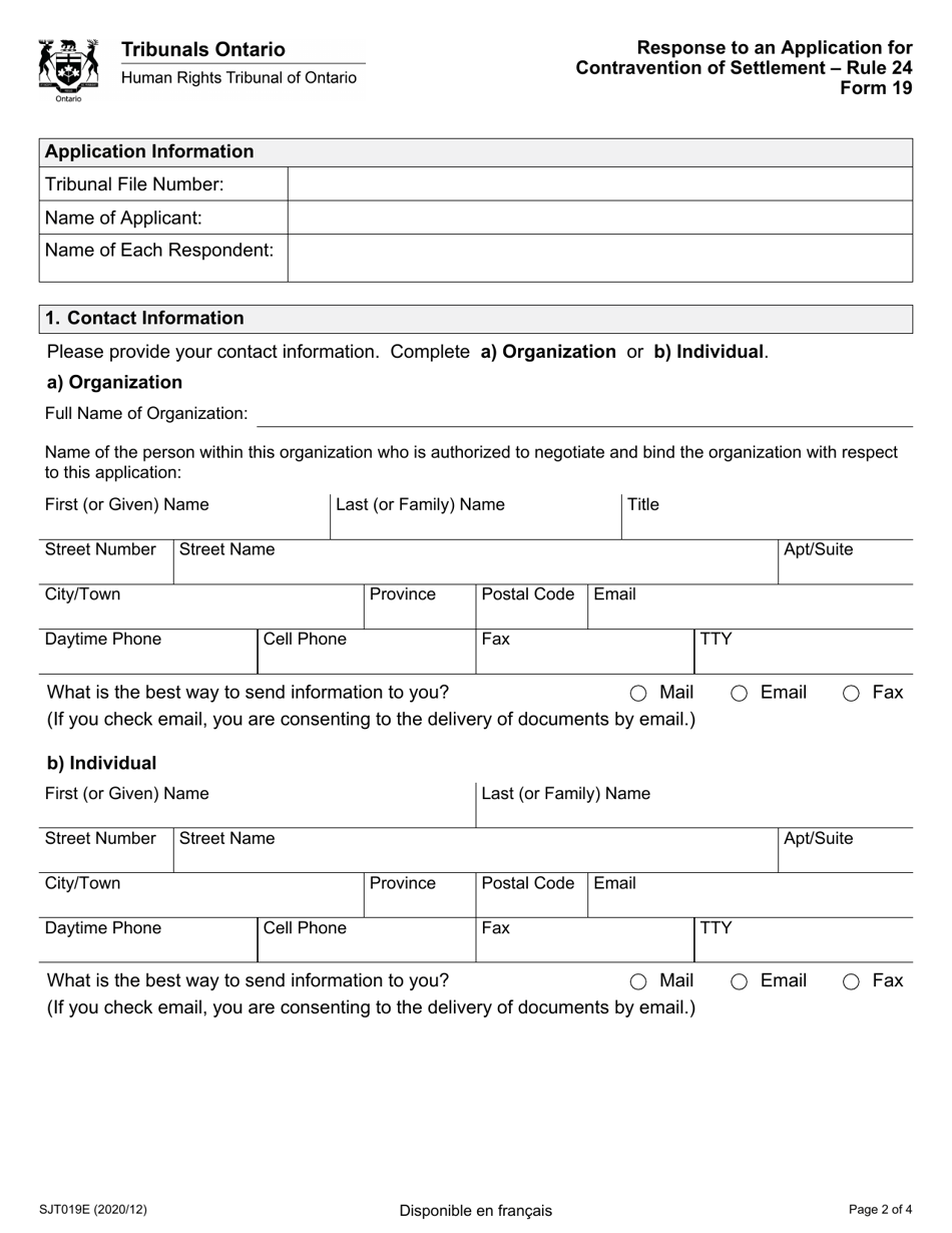 Form 19 Response to an Application for Contravention of Settlement - Ontario, Canada, Page 2