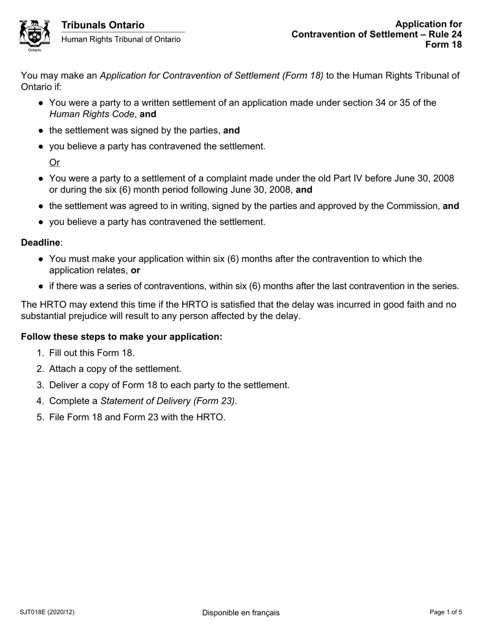 Form 18 Application for Contravention of Settlement - Ontario, Canada, Page 1