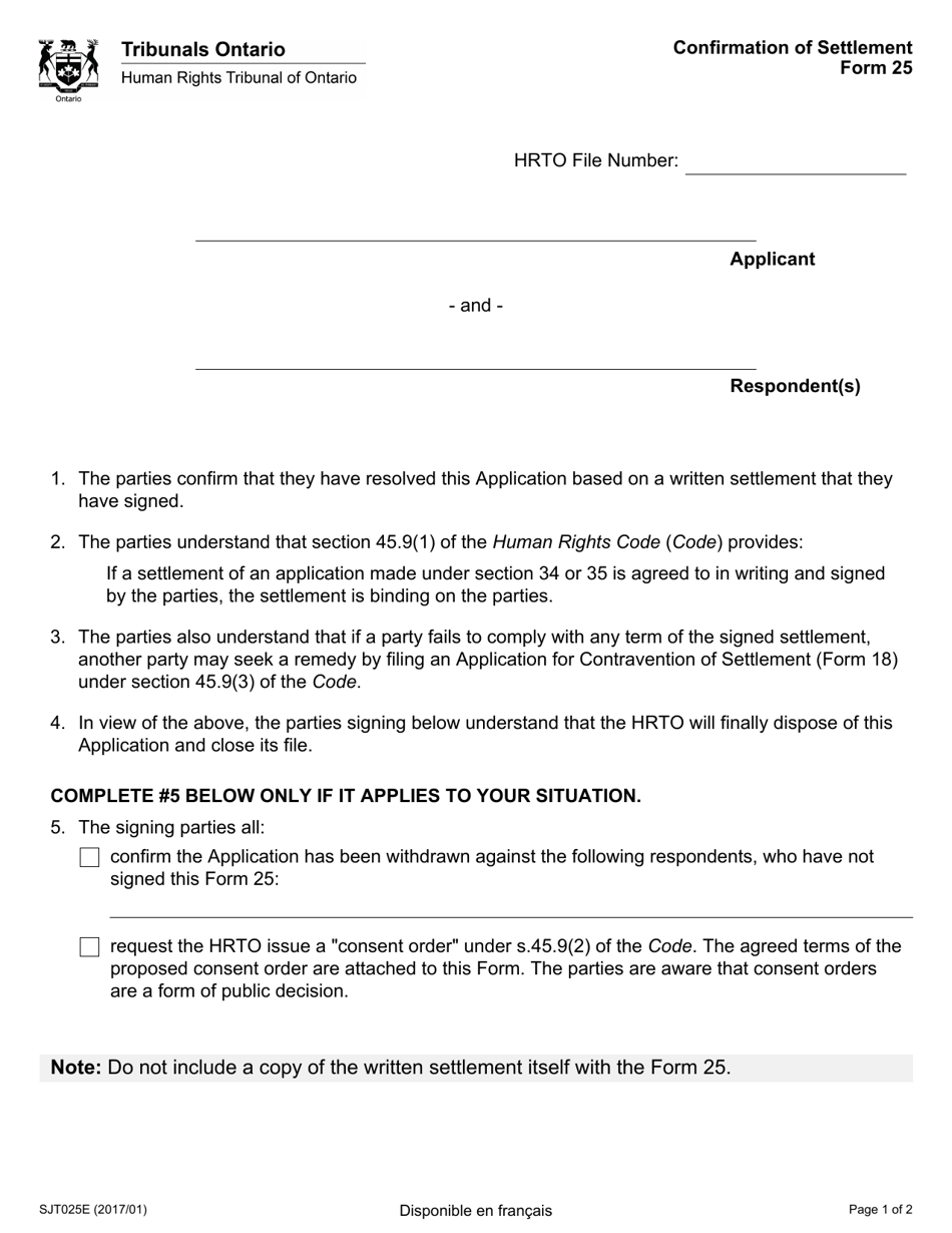 Form 25 Confirmation of Settlement - Ontario, Canada, Page 1