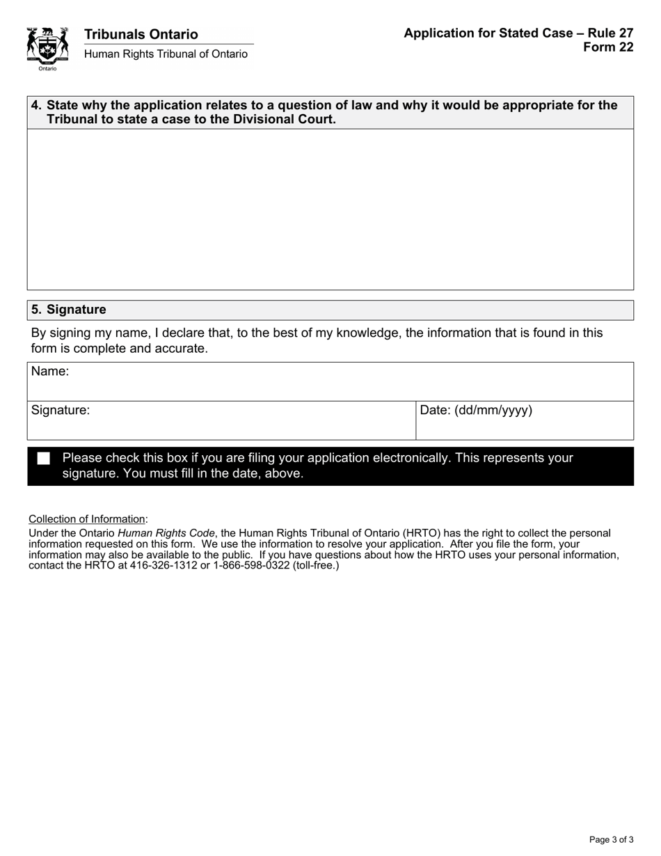 Form 22 Application for Stated Case - Ontario, Canada, Page 3