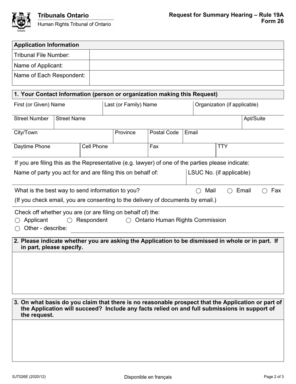 Form 26 (SJT260E) Request for Summary Hearing - Ontario, Canada, Page 2