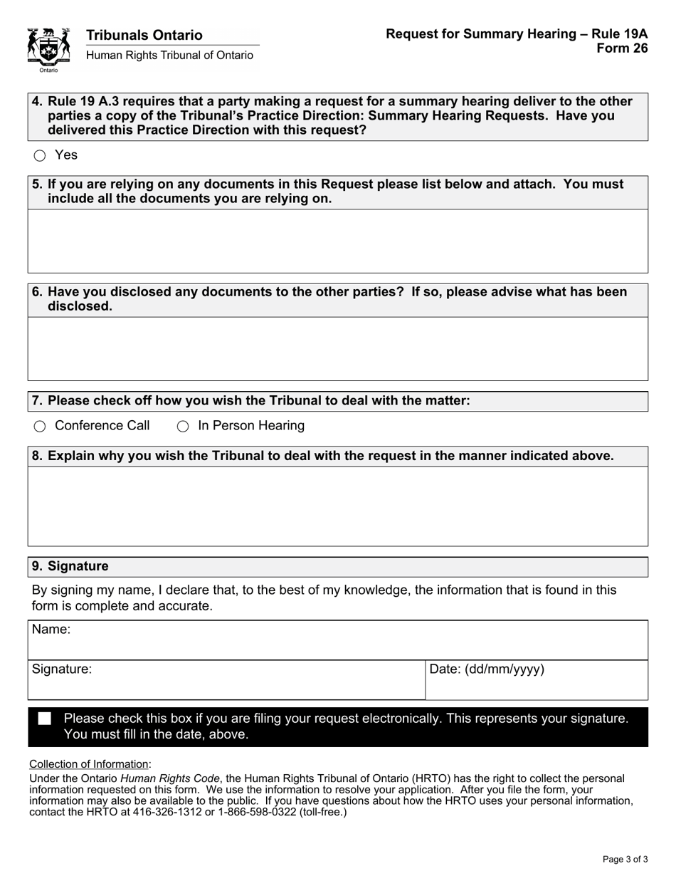 Form 26 (SJT260E) Request for Summary Hearing - Ontario, Canada, Page 3
