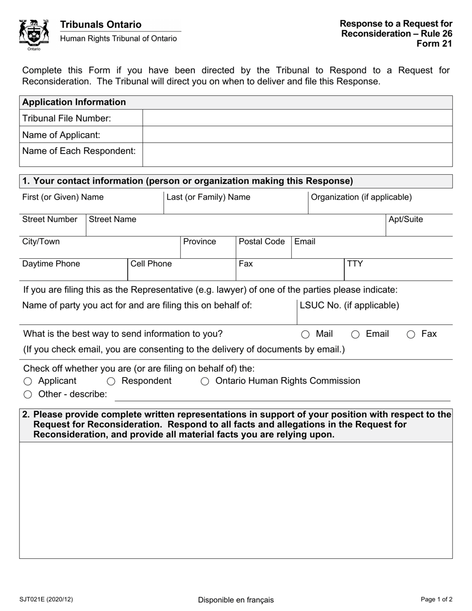 Form 21 Response to a Request for Reconsideration - Ontario, Canada, Page 1