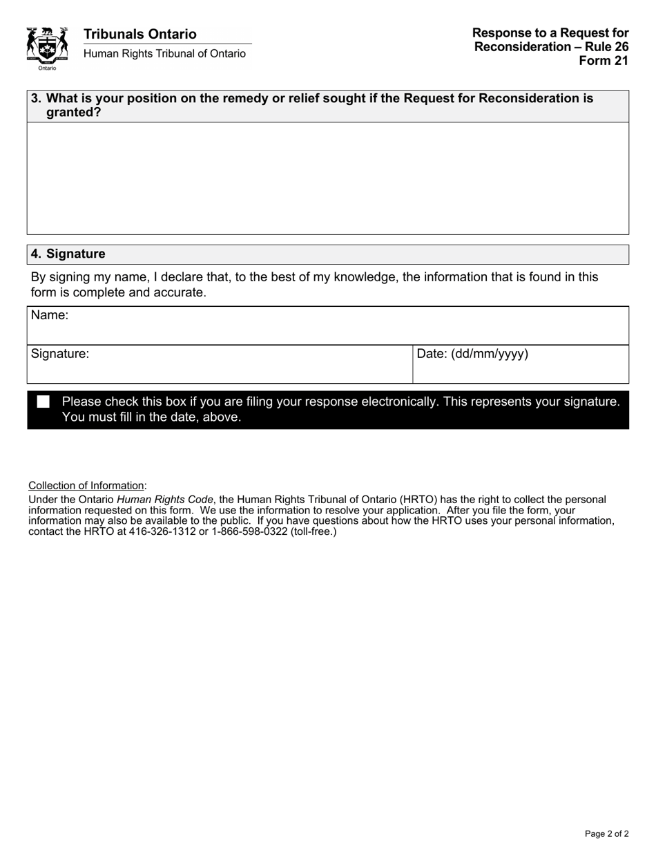 Form 21 Response to a Request for Reconsideration - Ontario, Canada, Page 2