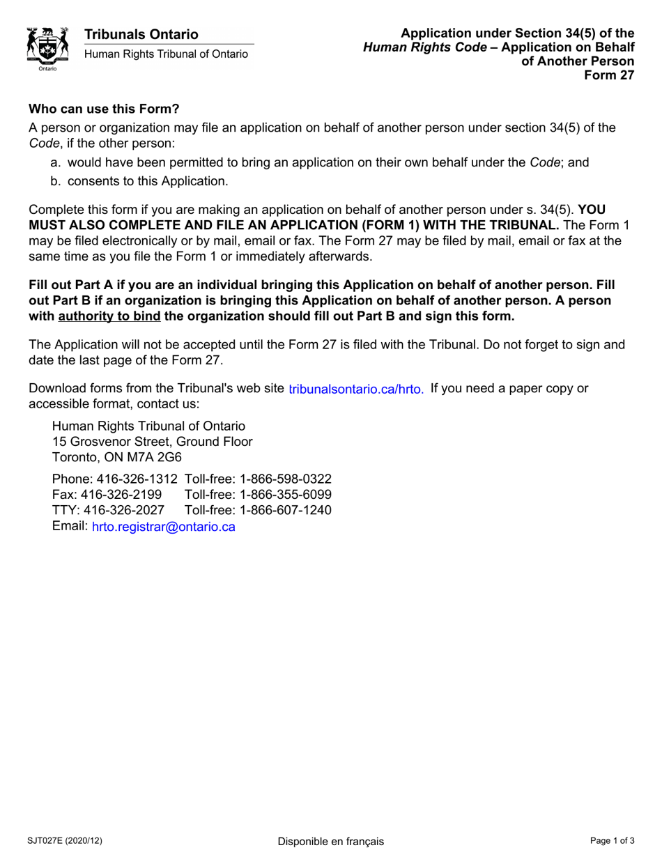 Form 27 - Fill Out, Sign Online and Download Fillable PDF, Ontario ...
