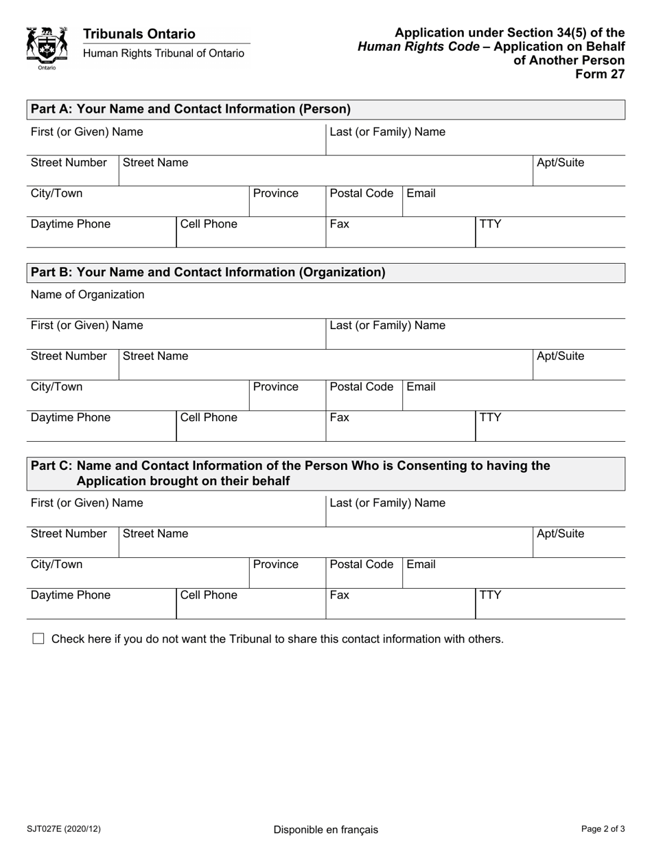 Form 27 Download Fillable PDF or Fill Online Application on Behalf of ...