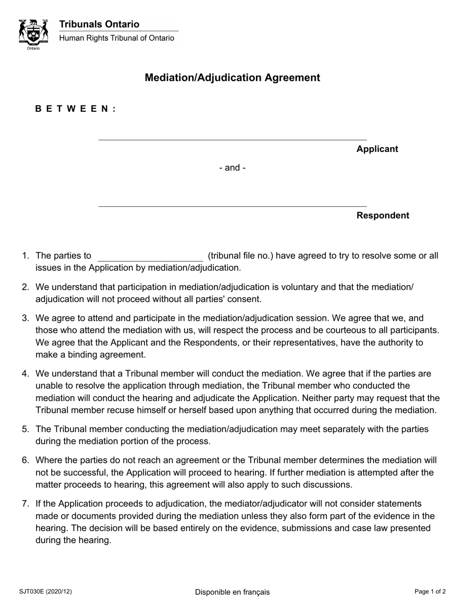 Mediation / Adjudication Agreement - Ontario, Canada, Page 1