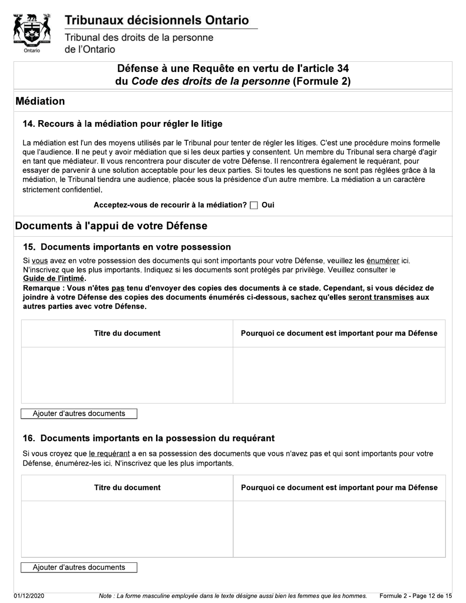 Forme 2 Defense a Une Requete En Vertu De Larticle 34 Du Code DES Droits De La Personne - Ontario, Canada (French), Page 12
