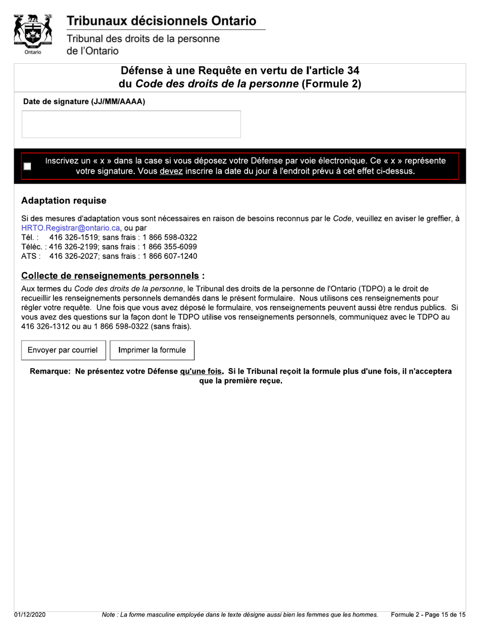Forme 2 Defense a Une Requete En Vertu De Larticle 34 Du Code DES Droits De La Personne - Ontario, Canada (French), Page 15