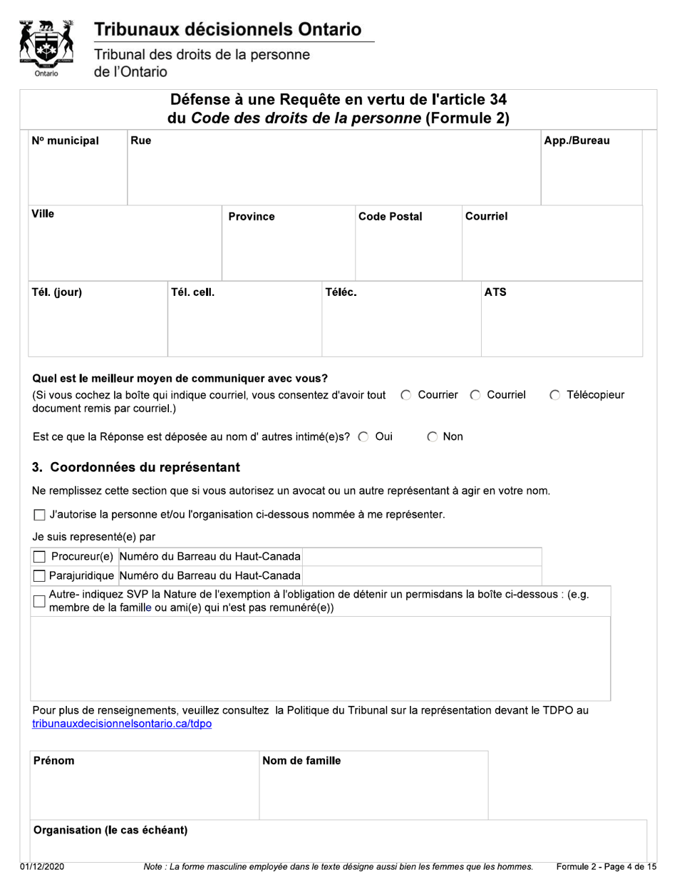 Forme 2 Defense a Une Requete En Vertu De Larticle 34 Du Code DES Droits De La Personne - Ontario, Canada (French), Page 4