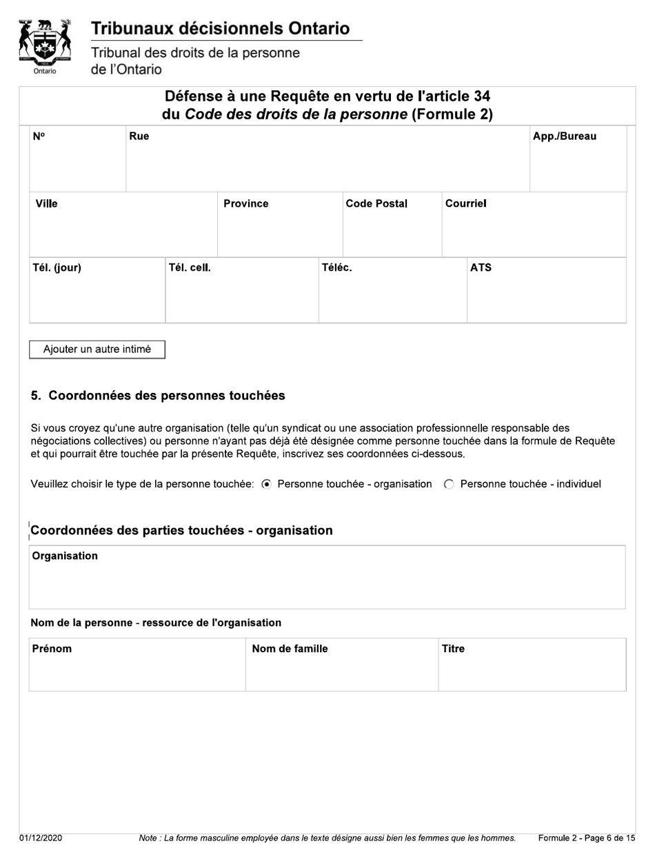 Forme 2 Defense a Une Requete En Vertu De Larticle 34 Du Code DES Droits De La Personne - Ontario, Canada (French), Page 6