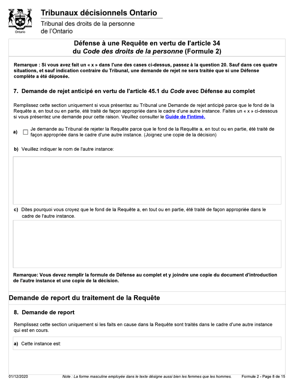 Forme 2 Defense a Une Requete En Vertu De Larticle 34 Du Code DES Droits De La Personne - Ontario, Canada (French), Page 8