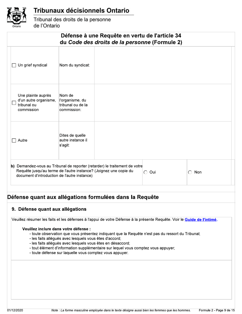 Forme 2 Defense a Une Requete En Vertu De Larticle 34 Du Code DES Droits De La Personne - Ontario, Canada (French), Page 9
