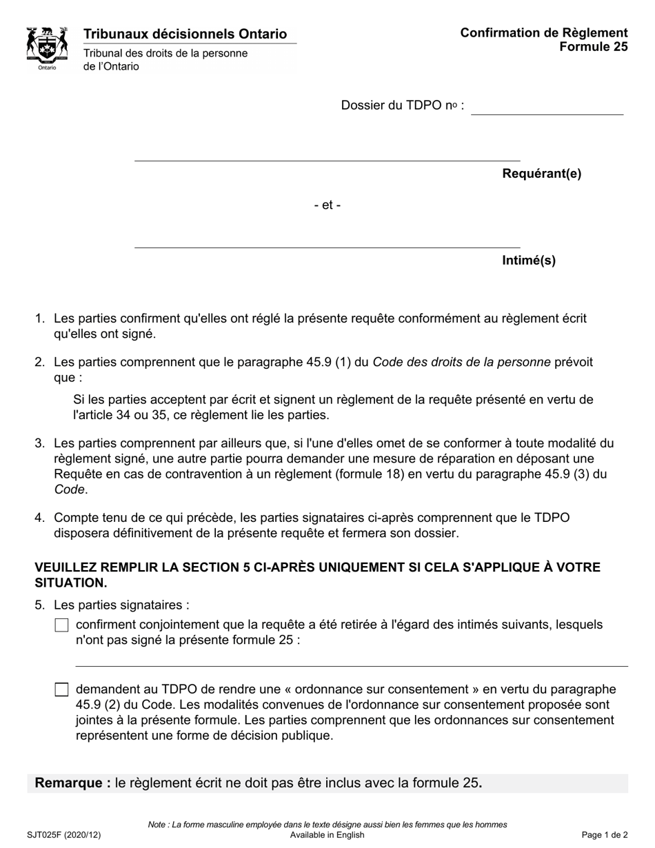 Forme 25 Confirmation De Reglement - Ontario, Canada (French), Page 1