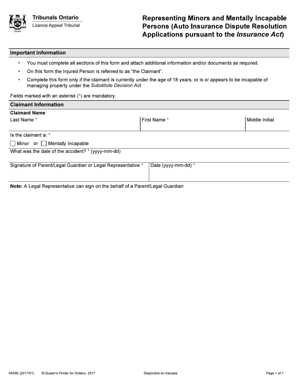 Form 0459E Representing Minors and Mentally Incapable Persons (Auto Insurance Dispute Resolution Applications Pursuant to the Insurance Act) - Ontario, Canada, Page 1
