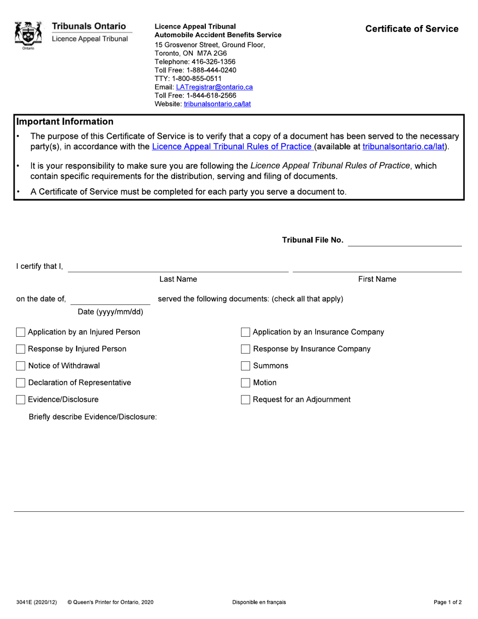 Form 3041E Certificate of Service - Ontario, Canada, Page 1