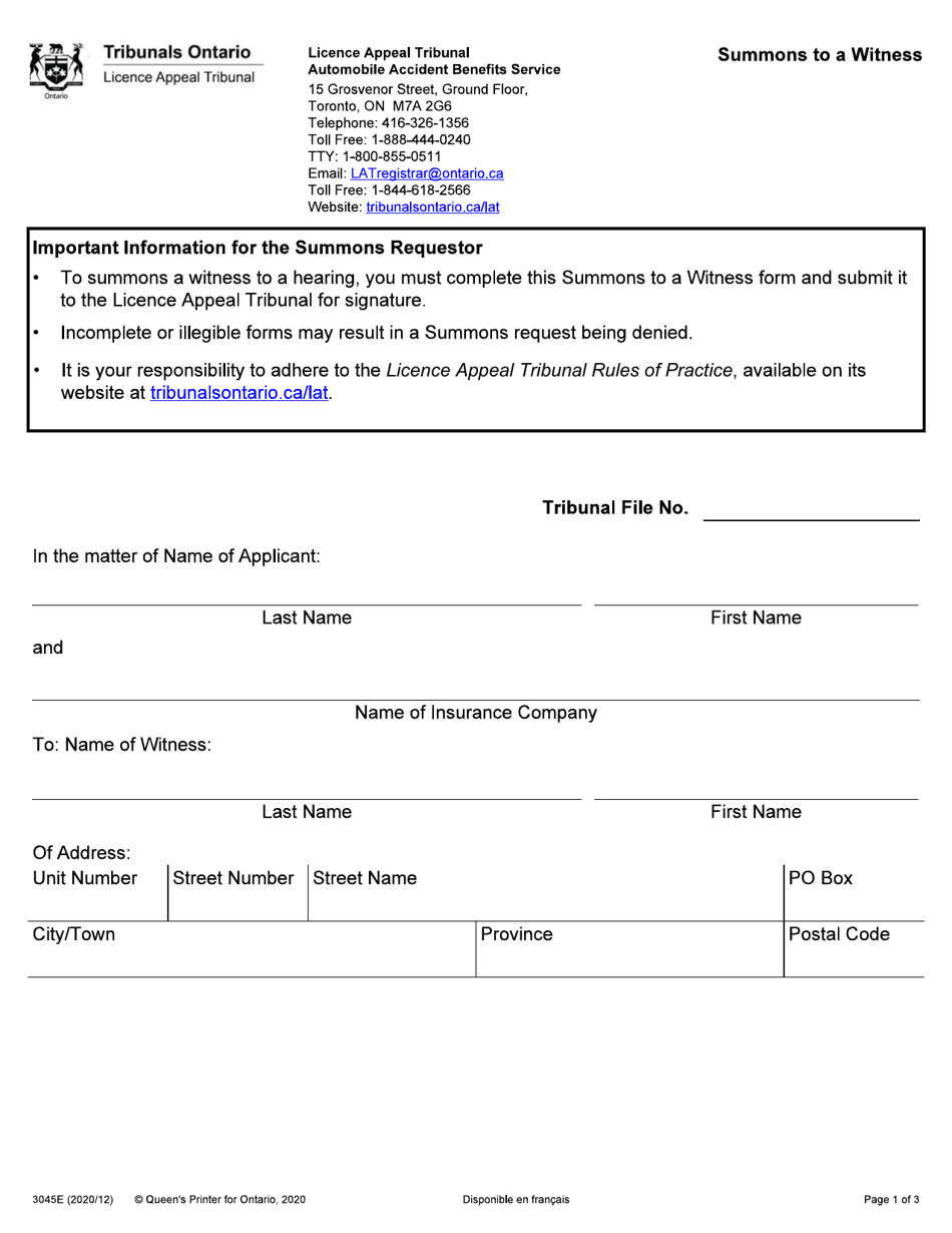 Form 3045E Summons to a Witness - Ontario, Canada, Page 1