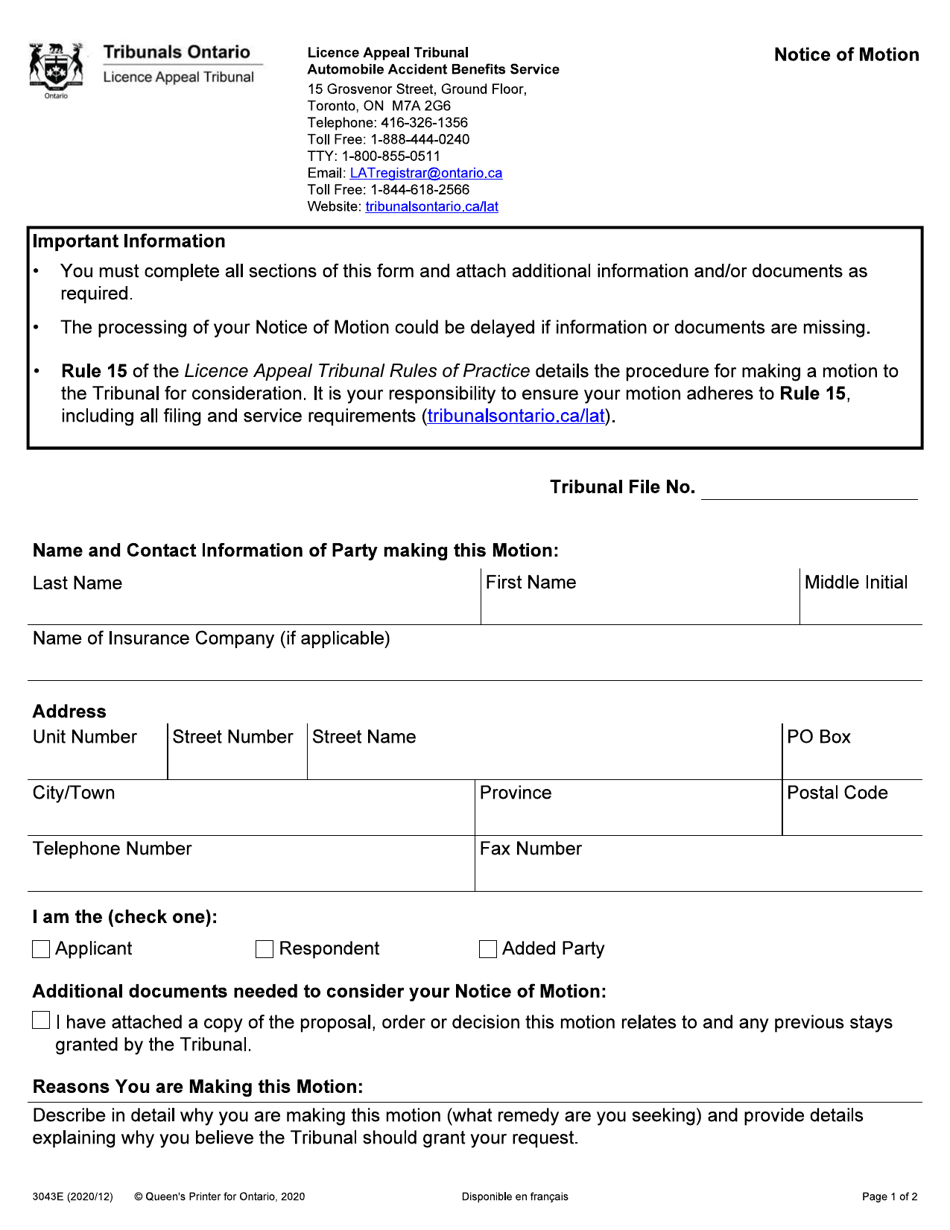 Form 3043E Notice of Motion - Ontario, Canada, Page 1