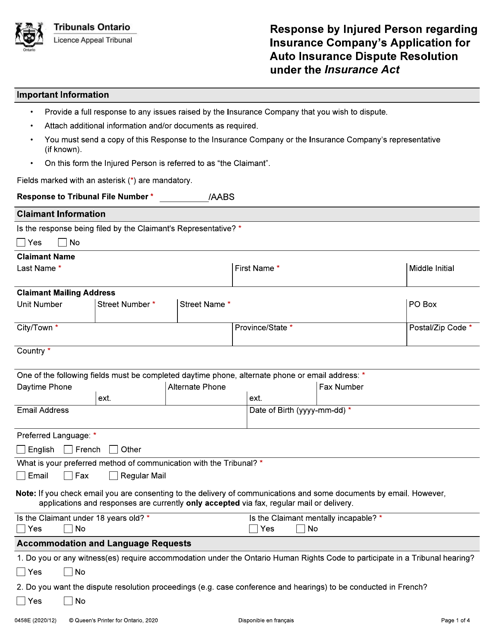 Form 0458E Response by Injured Person Regarding Insurance Company's Application for Auto Insurance Dispute Resolution Under the Insurance Act - Ontario, Canada