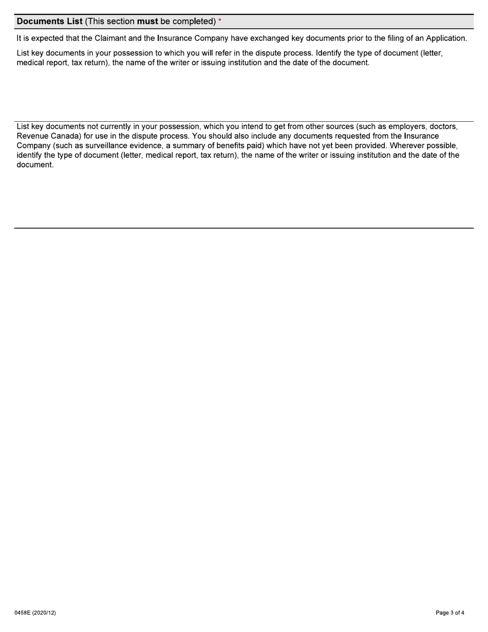 Form 0458E Response by Injured Person Regarding Insurance Companys Application for Auto Insurance Dispute Resolution Under the Insurance Act - Ontario, Canada, Page 3
