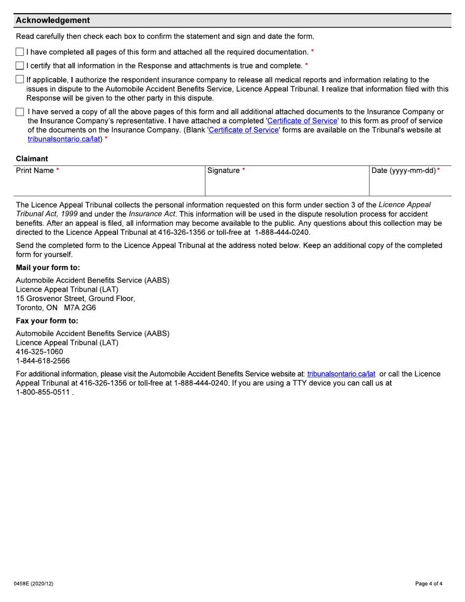 Form 0458E Response by Injured Person Regarding Insurance Companys Application for Auto Insurance Dispute Resolution Under the Insurance Act - Ontario, Canada, Page 4