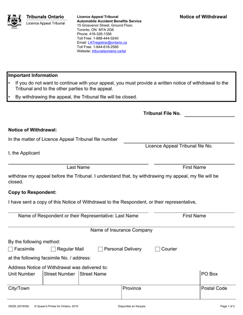 Form 3052 Notice of Withdrawal - Ontario, Canada