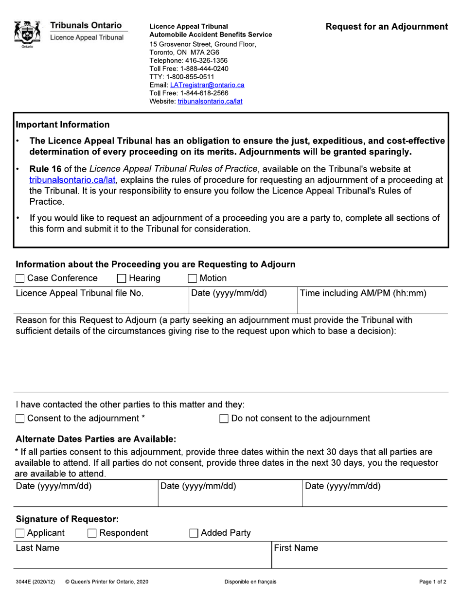 Form 3044E Request for an Adjournment - Ontario, Canada, Page 1