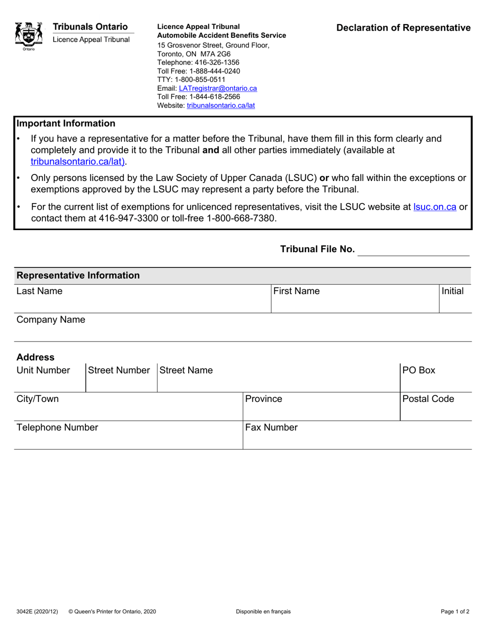 Form 3042 Declaration of Representative - Ontario, Canada, Page 1